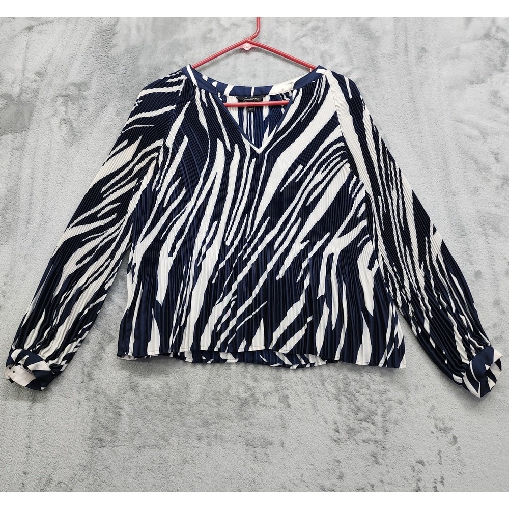 Banana Republic Top Womens S PETITE Blue White Striped Pleated Silky Satin Flowy